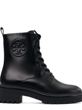 Tory Burch Miller 50mm Black Leather Lug-Sole Combat Moto Boots Size 6